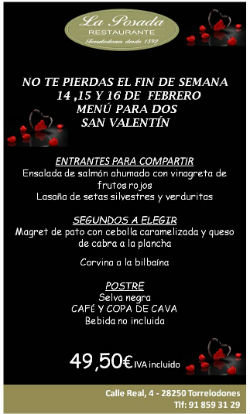 Disfruta del menú de San Valentin en La Posada.