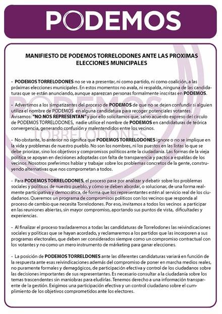 PODEMOS Torrelodones hace público un manifiesto sobre las próximas elecciones municipales