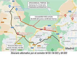 Hasta el 15 de julio, el BUS-VAO de la A-6 sufrirá cortes de tráfico por obras de rehabilitación