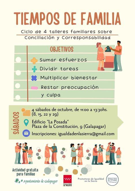 Galapagar lanza un ciclo gratuito de 4 talleres familiares sobre conciliación y corresponsabilidad