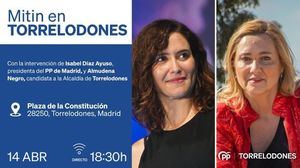 Isabel Díaz Ayuso visitará Torrelodones este viernes junto a la candidata a la Alcaldía, Almudena Negro
