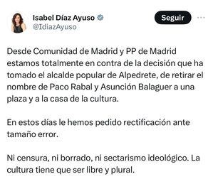 Isabel Díaz Ayuso muestra su rechazo a la retirada de los nombres de Francisco Rabal y Asunción Balaguer en Alpedrete