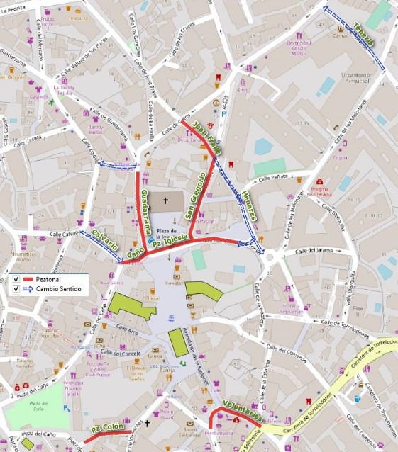 Mapa con las peatonalizaciones que se realizarán en el centro de Galapagar